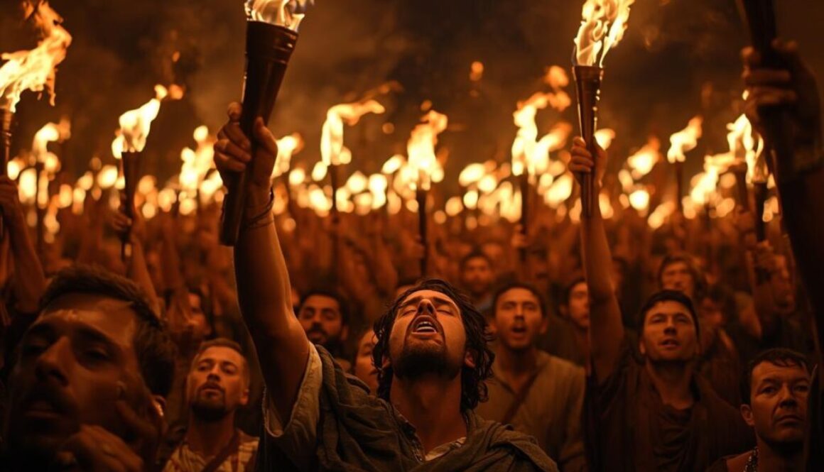 a photorealistic image of Gideon and many fellow soldiers blowing shofars and holding flaming torches (1)