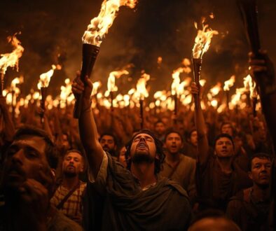 a photorealistic image of Gideon and many fellow soldiers blowing shofars and holding flaming torches (1)